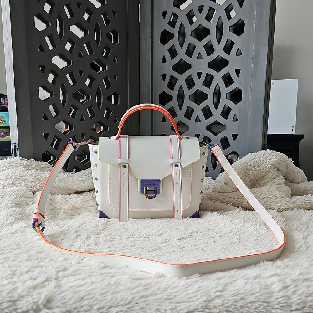Stylish White and Orange Crossbody Bag with Adjustable Strap